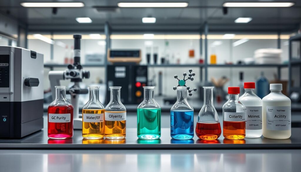 A detailed layout of chemical specifications parameters, focusing on three product families: solvents, polymers, and oils. In the foreground, a sleek lab table displays analytical equipment like a gas chromatograph, viscometer, and titration setup, symbolizing GC purity, water/KF, and acidity for solvents. The middle ground features labeled beakers with colorful liquid samples representing different chemicals, with molecular structures visually integrated to showcase melting flow, viscosity, and molecular weight for polymers. In the background, a high-tech lab environment with soft, diffused lighting enhances focus on the table, creating a professional and controlled atmosphere. The overall mood is scientific and informative, inviting viewers to explore the intricate world of chemical parameters. A detailed layout of chemical specifications parameters, focusing on three product families: solvents, polymers, and oils. In the foreground, a sleek lab table displays analytical equipment like a gas chromatograph, viscometer, and titration setup, symbolizing GC purity, water/KF, and acidity for solvents. The middle ground features labeled beakers with colorful liquid samples representing different chemicals, with molecular structures visually integrated to showcase melting flow, viscosity, and molecular weight for polymers. In the background, a high-tech lab environment with soft, diffused lighting enhances focus on the table, creating a professional and controlled atmosphere. The overall mood is scientific and informative, inviting viewers to explore the intricate world of chemical parameters.