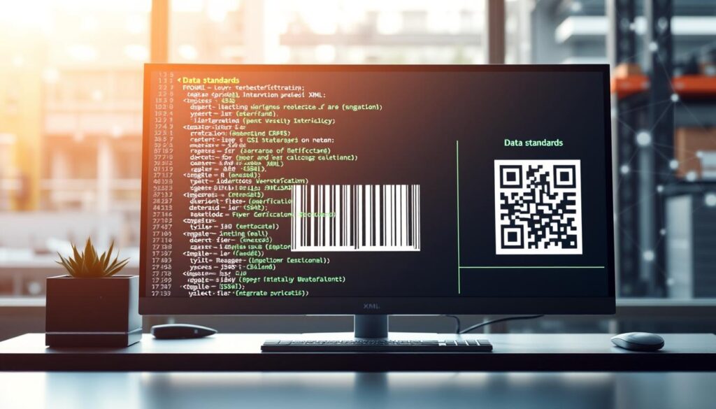 A detailed, professional workspace focused on data standards in a digital environment. In the foreground, an elegant desktop with a high-resolution monitor displaying structured XML and JSON code next to open GS1 barcode specifications. In the middle, a digitally rendered barcode and QR code prominently featured, symbolizing integration and efficiency. The workspace is illuminated by soft, natural lighting, creating a calm and focused atmosphere. In the background, abstract representations of data flow and network connections to depict the integration of ERP/MES systems. The overall mood is innovative and modern, portraying a sense of advancement in data standards and technology. A detailed, professional workspace focused on data standards in a digital environment. In the foreground, an elegant desktop with a high-resolution monitor displaying structured XML and JSON code next to open GS1 barcode specifications. In the middle, a digitally rendered barcode and QR code prominently featured, symbolizing integration and efficiency. The workspace is illuminated by soft, natural lighting, creating a calm and focused atmosphere. In the background, abstract representations of data flow and network connections to depict the integration of ERP/MES systems. The overall mood is innovative and modern, portraying a sense of advancement in data standards and technology.