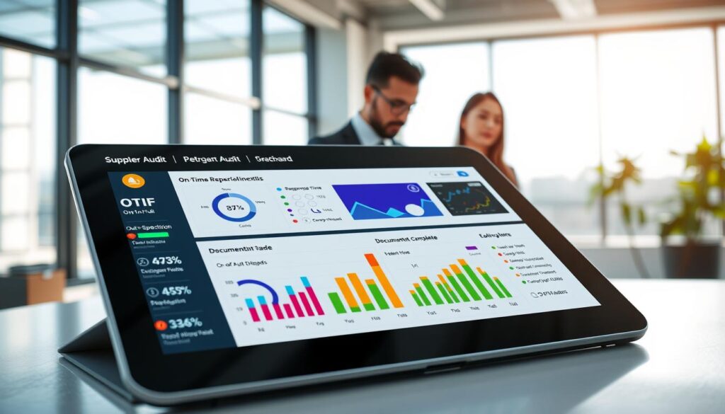A detailed supplier audit checklist KPI dashboard, showcasing critical performance indicators such as On-Time In-Full (OTIF), Out-Of-Specification (OOS) rate, response time, and documentation completeness. In the foreground, a sleek, modern digital tablet displays colorful graphs and charts, with numerical KPIs highlighted. The middle layer features a well-organized workspace, including a professional business person in attire using the tablet, analyzing data with focus. The background consists of a bright office setting with large windows allowing natural light to flood in, enhancing clarity and engagement. Soft shadows create a professional atmosphere while maintaining an optimistic mood. The image should evoke a sense of reliability and thoroughness in supplier qualification practices, reflecting a commitment to quality in the chemical industry. A detailed supplier audit checklist KPI dashboard, showcasing critical performance indicators such as On-Time In-Full (OTIF), Out-Of-Specification (OOS) rate, response time, and documentation completeness. In the foreground, a sleek, modern digital tablet displays colorful graphs and charts, with numerical KPIs highlighted. The middle layer features a well-organized workspace, including a professional business person in attire using the tablet, analyzing data with focus. The background consists of a bright office setting with large windows allowing natural light to flood in, enhancing clarity and engagement. Soft shadows create a professional atmosphere while maintaining an optimistic mood. The image should evoke a sense of reliability and thoroughness in supplier qualification practices, reflecting a commitment to quality in the chemical industry.