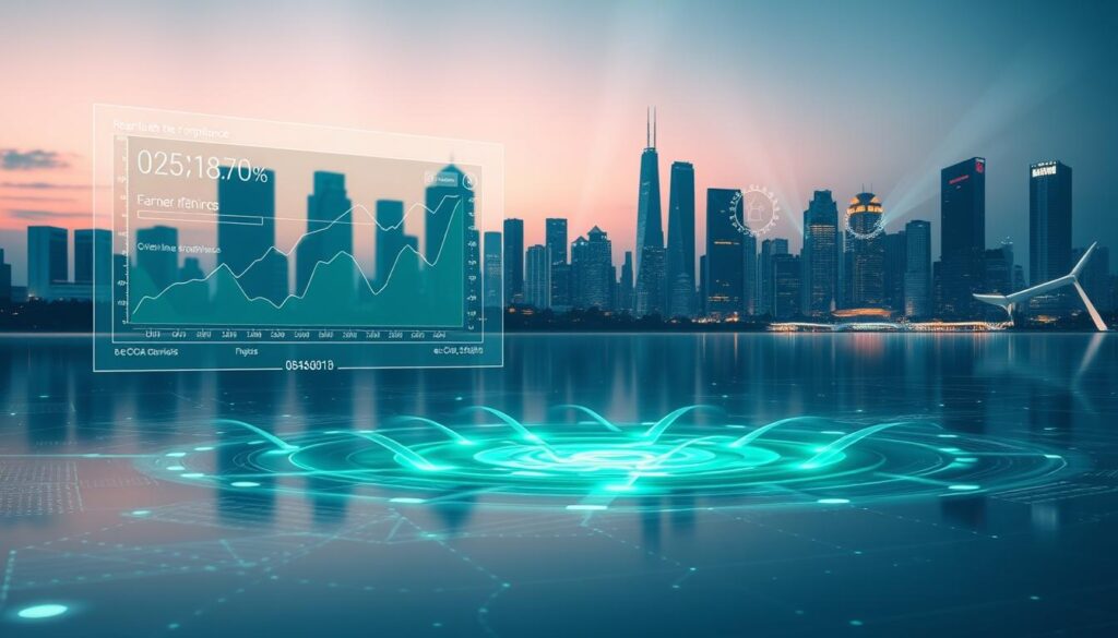 A futuristic data lake scene illustrating secure digital compliance. In the foreground, a large, translucent digital interface displays graphs, signatures, and timestamps, showcasing real-time data analytics. The middle ground features a serene water body with flowing greenish-blue data streams, symbolizing the lake itself, surrounded by glowing data nodes. The background is composed of a modern city skyline at dusk, with lights reflecting information security symbols. Soft, ambient lighting highlights the tranquility of the scene, while beams of light suggest robust security measures. The atmosphere is professional and secure, emphasizing compliance with eCoA standards. The overall color palette is cool and calming, reflecting trust and reliability. A futuristic data lake scene illustrating secure digital compliance. In the foreground, a large, translucent digital interface displays graphs, signatures, and timestamps, showcasing real-time data analytics. The middle ground features a serene water body with flowing greenish-blue data streams, symbolizing the lake itself, surrounded by glowing data nodes. The background is composed of a modern city skyline at dusk, with lights reflecting information security symbols. Soft, ambient lighting highlights the tranquility of the scene, while beams of light suggest robust security measures. The atmosphere is professional and secure, emphasizing compliance with eCoA standards. The overall color palette is cool and calming, reflecting trust and reliability.
