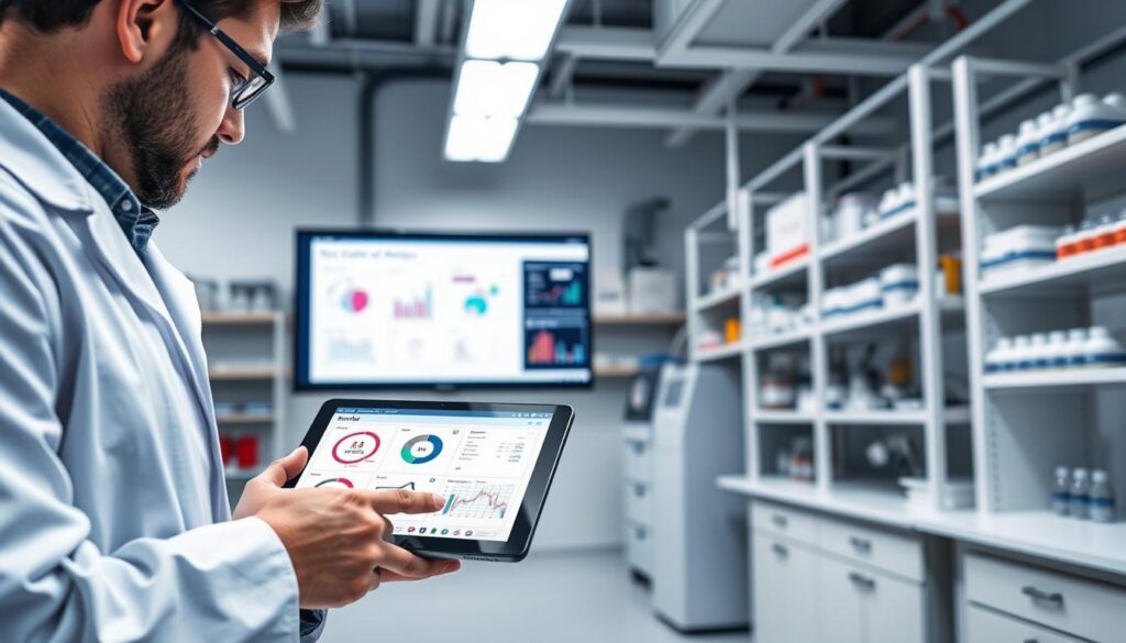 A modern laboratory setting focusing on the data integrity and Certificate of Analysis (CoA) generation process audit. In the foreground, a professional wearing a lab coat examines a digital tablet displaying data flow charts and compliance checklists, symbolizing meticulous auditing. The middle ground features a large screen displaying graphical representations of data integrity metrics and CoA documentation, showcasing the technological aspect of the process. The background includes shelves filled with chemical samples and processing equipment under bright, cool lighting that emphasizes a sterile and organized atmosphere. The angle is slightly tilted to capture the depth of the laboratory, evoking a sense of precision and reliability in quality control. A modern laboratory setting focusing on the data integrity and Certificate of Analysis (CoA) generation process audit. In the foreground, a professional wearing a lab coat examines a digital tablet displaying data flow charts and compliance checklists, symbolizing meticulous auditing. The middle ground features a large screen displaying graphical representations of data integrity metrics and CoA documentation, showcasing the technological aspect of the process. The background includes shelves filled with chemical samples and processing equipment under bright, cool lighting that emphasizes a sterile and organized atmosphere. The angle is slightly tilted to capture the depth of the laboratory, evoking a sense of precision and reliability in quality control.