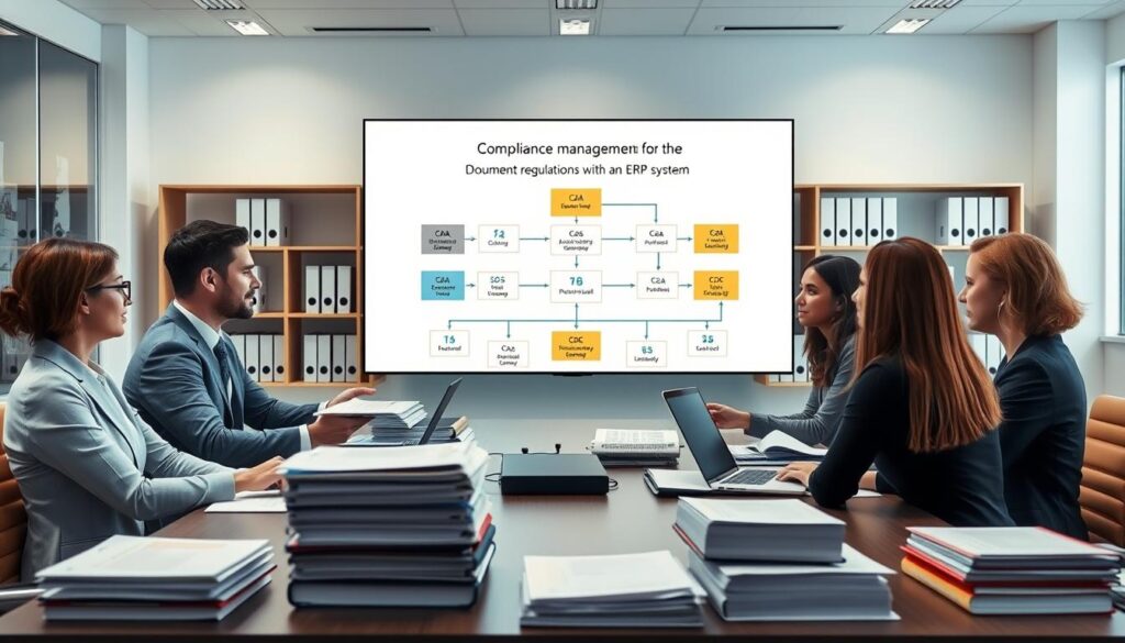 A professional office scene showcasing a compliance documents management ERP system. In the foreground, a diverse group of three business professionals, a man and two women, dressed in formal business attire, are engaged in a discussion around a large conference table filled with neatly organized stacks of documents and digital devices displaying charts. In the middle, a large screen displays an animated flowchart illustrating the process of filing and linking compliance documents like CoA, SDS, TDS, and CoC within an ERP system. The background features shelves filled with binders and books related to compliance regulations. Bright, even lighting illuminates the room, giving it a modern and efficient atmosphere. The scene conveys a sense of collaboration and strategic thinking. A professional office scene showcasing a compliance documents management ERP system. In the foreground, a diverse group of three business professionals, a man and two women, dressed in formal business attire, are engaged in a discussion around a large conference table filled with neatly organized stacks of documents and digital devices displaying charts. In the middle, a large screen displays an animated flowchart illustrating the process of filing and linking compliance documents like CoA, SDS, TDS, and CoC within an ERP system. The background features shelves filled with binders and books related to compliance regulations. Bright, even lighting illuminates the room, giving it a modern and efficient atmosphere. The scene conveys a sense of collaboration and strategic thinking.