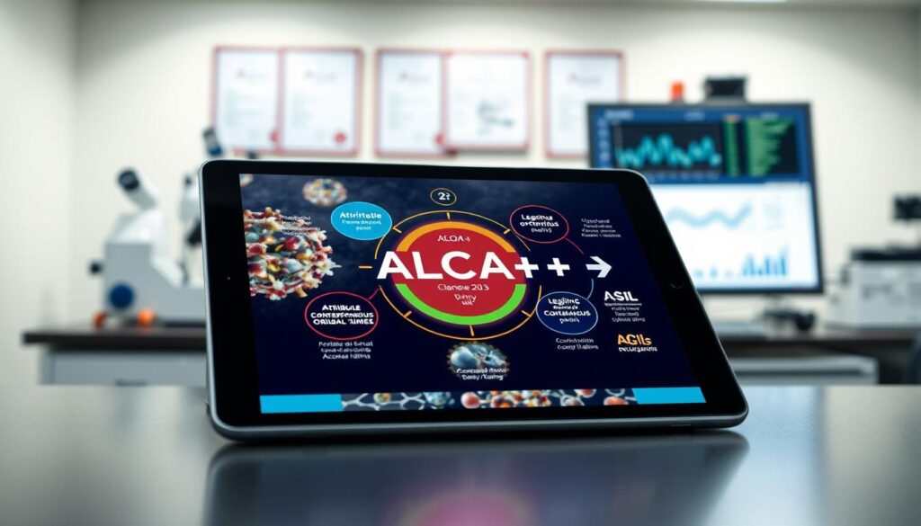 A visually engaging representation of the ALCOA+ data integrity framework, emphasizing the principles of Attributable, Legible, Contemporaneous, Original, Accurate, and Plus. In the foreground, a sleek digital tablet displays a vibrant and intricate flowchart illustrating the ALCOA+ elements, with items like audit trails and timestamps clearly shown. The middle ground features blurred images of laboratory equipment, symbolizing scientific accuracy and professionalism. In the background, a well-organized office space is visible, showcasing accreditation certificates and a computer monitor displaying data graphs, representing compliance and verification processes. The lighting is bright and focused, enhancing clarity and professionalism, creating an atmosphere of trust and diligence in data management for an analytical audience.