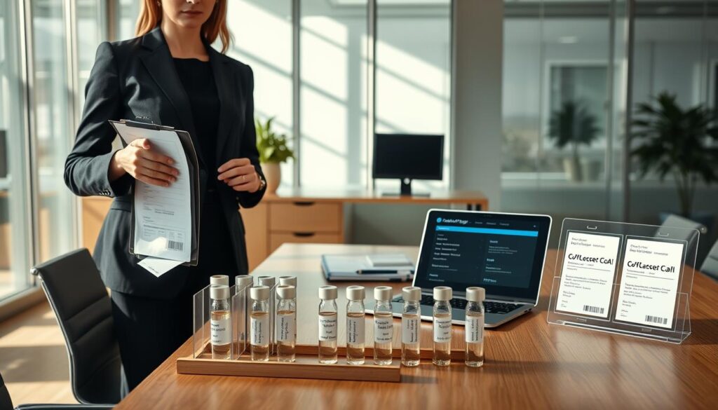 A well-organized office space, showcasing a secure chain of custody verification process. In the foreground, a professional woman in smart business attire holds a clipboard with checked forms, surrounded by transparent display files containing various CoA documents. In the middle, a large wooden table features sample vials labeled with date, time, and location details, along with a laptop displaying a digital cross-referencing tool. In the background, a serene office environment with glass windows that let in soft natural light, casting gentle shadows. The atmosphere is focused and serious, conveying a sense of meticulous organization and compliance, with an emphasis on authenticity in lab results.