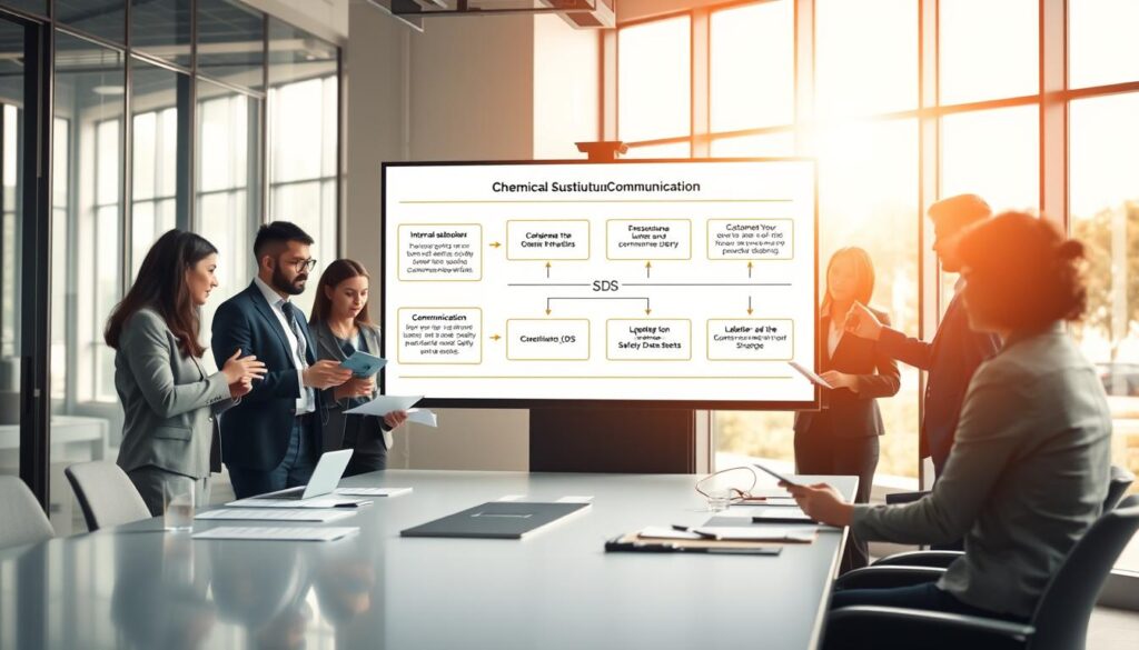 A detailed and organized communication plan for a chemical substitution process. In the foreground, a professional team is gathered around a sleek conference table, dressed in business attire, examining documents and digital devices. In the middle, a large screen displays a clear, visually engaging flowchart highlighting key elements: internal stakeholder roles, customer notifications, and updates on labeling and Safety Data Sheets (SDS). The background features a modern office environment with large windows allowing natural light to filter in, creating a bright, inviting atmosphere. The lighting is warm, emphasizing collaboration and focus. The angle captures the dynamic interaction within the team, portraying a sense of urgency and professionalism in the chemical substitution communication strategy. A detailed and organized communication plan for a chemical substitution process. In the foreground, a professional team is gathered around a sleek conference table, dressed in business attire, examining documents and digital devices. In the middle, a large screen displays a clear, visually engaging flowchart highlighting key elements: internal stakeholder roles, customer notifications, and updates on labeling and Safety Data Sheets (SDS). The background features a modern office environment with large windows allowing natural light to filter in, creating a bright, inviting atmosphere. The lighting is warm, emphasizing collaboration and focus. The angle captures the dynamic interaction within the team, portraying a sense of urgency and professionalism in the chemical substitution communication strategy.