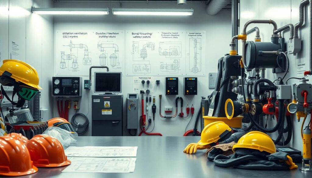 A detailed engineering controls and PPE matrix integration scene in a modern industrial workspace. In the foreground, a well-organized workstation displays PPE such as helmets, goggles, gloves, and respirators, neatly arranged alongside engineering controls like local exhaust ventilation (LEV systems). The middle ground features technical diagrams illustrating dilution ventilation, interlocks, bonding/grounding setups, and temperature/pressure safety systems mounted on the walls. In the background, bright fluorescent lighting casts a clean, professional atmosphere, highlighting the precision of safety equipment and controls. Capture the essence of safety and compliance with a focus on vivid realism, using a slightly elevated angle to show the entire space. The mood is one of diligence and focus, reflecting a commitment to workplace safety in engineering operations. A detailed engineering controls and PPE matrix integration scene in a modern industrial workspace. In the foreground, a well-organized workstation displays PPE such as helmets, goggles, gloves, and respirators, neatly arranged alongside engineering controls like local exhaust ventilation (LEV systems). The middle ground features technical diagrams illustrating dilution ventilation, interlocks, bonding/grounding setups, and temperature/pressure safety systems mounted on the walls. In the background, bright fluorescent lighting casts a clean, professional atmosphere, highlighting the precision of safety equipment and controls. Capture the essence of safety and compliance with a focus on vivid realism, using a slightly elevated angle to show the entire space. The mood is one of diligence and focus, reflecting a commitment to workplace safety in engineering operations.