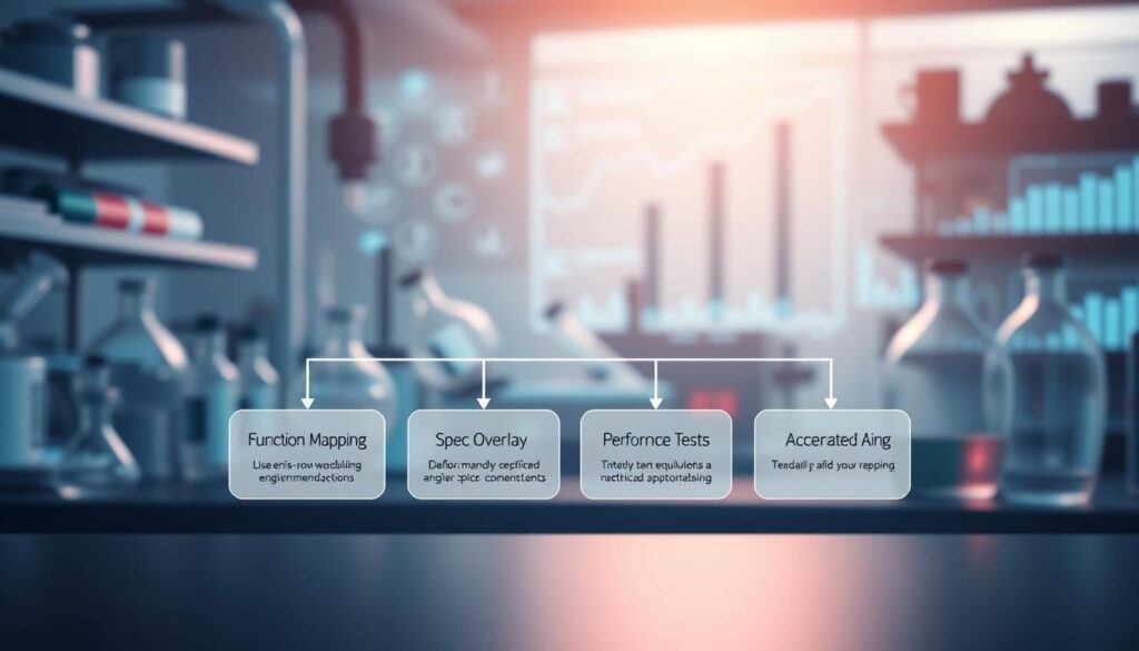 A detailed illustration depicting the steps of the technical equivalency process. In the foreground, showcase a clear flowchart with labeled sections for "Function Mapping," "Spec Overlay," "Performance Tests," and "Accelerated Aging," designed in a sleek, modern style. The middle ground should feature subtle representations of chemical compounds and laboratory equipment, emphasizing a scientific environment. The background should include a digital representation of data analytics, such as graphs and charts, reflecting a tech-focused atmosphere. Use soft, ambient lighting to create a professional and clean look, and employ a slight depth of field to enhance focus on the flowchart. The overall mood should convey innovation and precision in chemical engineering. No people are included. A detailed illustration depicting the steps of the technical equivalency process. In the foreground, showcase a clear flowchart with labeled sections for "Function Mapping," "Spec Overlay," "Performance Tests," and "Accelerated Aging," designed in a sleek, modern style. The middle ground should feature subtle representations of chemical compounds and laboratory equipment, emphasizing a scientific environment. The background should include a digital representation of data analytics, such as graphs and charts, reflecting a tech-focused atmosphere. Use soft, ambient lighting to create a professional and clean look, and employ a slight depth of field to enhance focus on the flowchart. The overall mood should convey innovation and precision in chemical engineering. No people are included.