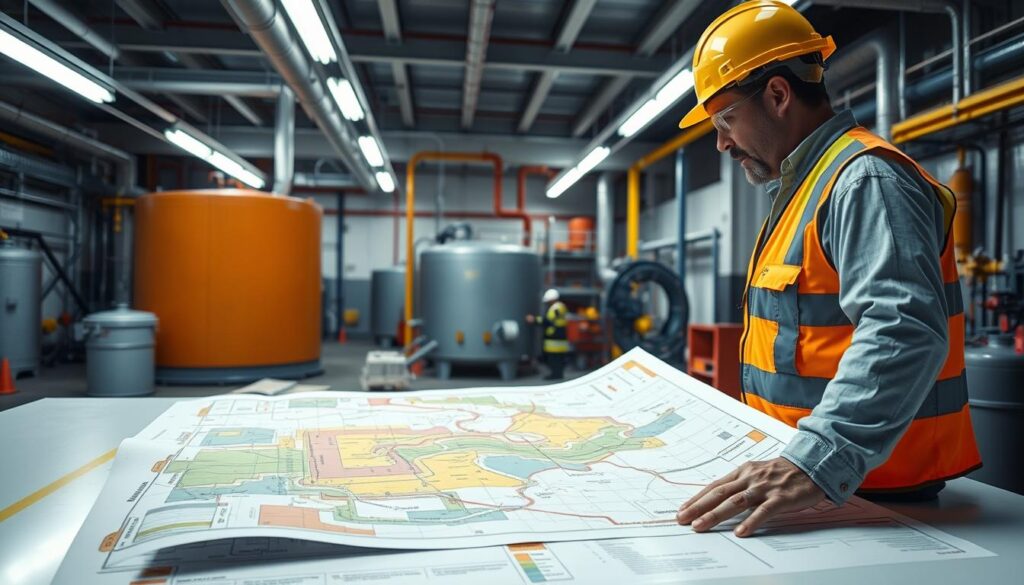 A detailed illustration of confined space safety mapping focused on integrating hazard data into actionable controls. In the foreground, a professional safety engineer, dressed in a hard hat and reflective safety vest, is examining a large, colorful safety map spread out on a table. The middle ground features a well-lit industrial workspace with visible confined spaces like tanks and ducts, with clear markings indicating safety zones and hazards using red, yellow, and green colors. In the background, safety equipment such as gas monitors and harnesses are arranged neatly. Soft fluorescent lighting creates a clean, professional atmosphere, emphasizing safety and compliance. The composition is captured from a slightly elevated angle to provide an overview, highlighting teamwork and safety awareness in a practical setting. A detailed illustration of confined space safety mapping focused on integrating hazard data into actionable controls. In the foreground, a professional safety engineer, dressed in a hard hat and reflective safety vest, is examining a large, colorful safety map spread out on a table. The middle ground features a well-lit industrial workspace with visible confined spaces like tanks and ducts, with clear markings indicating safety zones and hazards using red, yellow, and green colors. In the background, safety equipment such as gas monitors and harnesses are arranged neatly. Soft fluorescent lighting creates a clean, professional atmosphere, emphasizing safety and compliance. The composition is captured from a slightly elevated angle to provide an overview, highlighting teamwork and safety awareness in a practical setting.