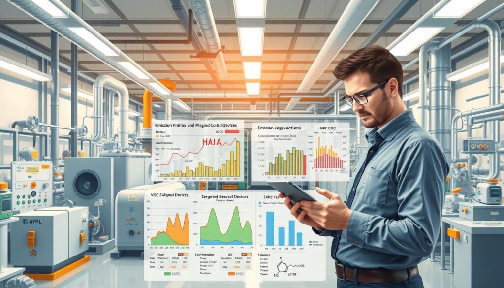 A detailed scientific illustration showcasing emission characterization for control devices in a chemical processing environment. In the foreground, display a professional process engineer in business attire, examining data on a digital tablet, surrounded by an array of control devices such as scrubbers and filters. The middle ground features simplified graphs and charts depicting emissions data, mass balance calculations, and VOC and HAP speciation, all presented as clear, colorful visuals. The background should show a high-tech laboratory filled with equipment, smoke extraction systems, and ventilation, illuminated by soft overhead lighting to create an analytical atmosphere. Use a slightly angled perspective to highlight both the engineer and the technological components, fostering a sense of engagement with the emission analysis process. A detailed scientific illustration showcasing emission characterization for control devices in a chemical processing environment. In the foreground, display a professional process engineer in business attire, examining data on a digital tablet, surrounded by an array of control devices such as scrubbers and filters. The middle ground features simplified graphs and charts depicting emissions data, mass balance calculations, and VOC and HAP speciation, all presented as clear, colorful visuals. The background should show a high-tech laboratory filled with equipment, smoke extraction systems, and ventilation, illuminated by soft overhead lighting to create an analytical atmosphere. Use a slightly angled perspective to highlight both the engineer and the technological components, fostering a sense of engagement with the emission analysis process.