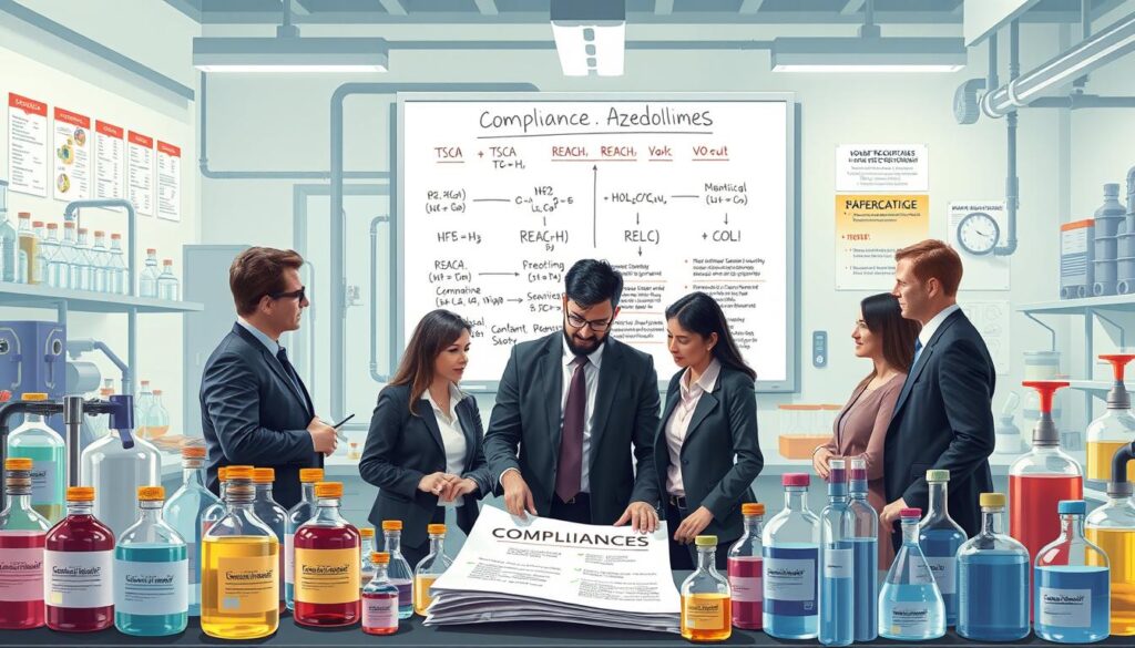 A detailed, vibrant illustration representing regulatory compliance for industrial solvents and azeotropes. In the foreground, a diverse group of professionals in smart business attire are engaged in a discussion over a large document titled "Compliance Guidelines," surrounded by various labeled chemical containers and equipment. In the middle ground, a whiteboard displays complex equations and a visual flowchart depicting TSCA and REACH regulations alongside VOC rules. The background features a modern industrial laboratory setting with glassware, safety equipment, and compliance posters on the walls. Soft, fluorescent lighting illuminates the scene, creating a professional atmosphere, while the angle captures the collaborative spirit among the team as they evaluate safe solvent choices for manufacturing applications. A detailed, vibrant illustration representing regulatory compliance for industrial solvents and azeotropes. In the foreground, a diverse group of professionals in smart business attire are engaged in a discussion over a large document titled "Compliance Guidelines," surrounded by various labeled chemical containers and equipment. In the middle ground, a whiteboard displays complex equations and a visual flowchart depicting TSCA and REACH regulations alongside VOC rules. The background features a modern industrial laboratory setting with glassware, safety equipment, and compliance posters on the walls. Soft, fluorescent lighting illuminates the scene, creating a professional atmosphere, while the angle captures the collaborative spirit among the team as they evaluate safe solvent choices for manufacturing applications.