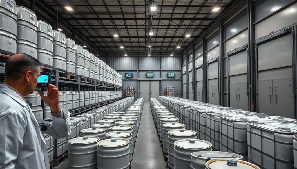 A large temperature control storage warehouse, filled with rows of neatly arranged drums and IBCs (Intermediate Bulk Containers), all organized on metal shelving. The foreground shows a professional in a lab coat inspecting a digital temperature gauge, engaged in quality control. In the middle ground, you see an array of climate-controlled units with visible humidity monitoring screens, indicating precise storage conditions. The background reveals large, sealed doors with bright LED lighting illuminating the aisles, enhancing visibility. The atmosphere is sterile yet functional, emphasizing the importance of temperature and humidity control in storage. The lens focuses sharply on the details of the containers, while the wider shot captures the entire layout of the warehouse, ensuring a sense of order and professionalism. A large temperature control storage warehouse, filled with rows of neatly arranged drums and IBCs (Intermediate Bulk Containers), all organized on metal shelving. The foreground shows a professional in a lab coat inspecting a digital temperature gauge, engaged in quality control. In the middle ground, you see an array of climate-controlled units with visible humidity monitoring screens, indicating precise storage conditions. The background reveals large, sealed doors with bright LED lighting illuminating the aisles, enhancing visibility. The atmosphere is sterile yet functional, emphasizing the importance of temperature and humidity control in storage. The lens focuses sharply on the details of the containers, while the wider shot captures the entire layout of the warehouse, ensuring a sense of order and professionalism.