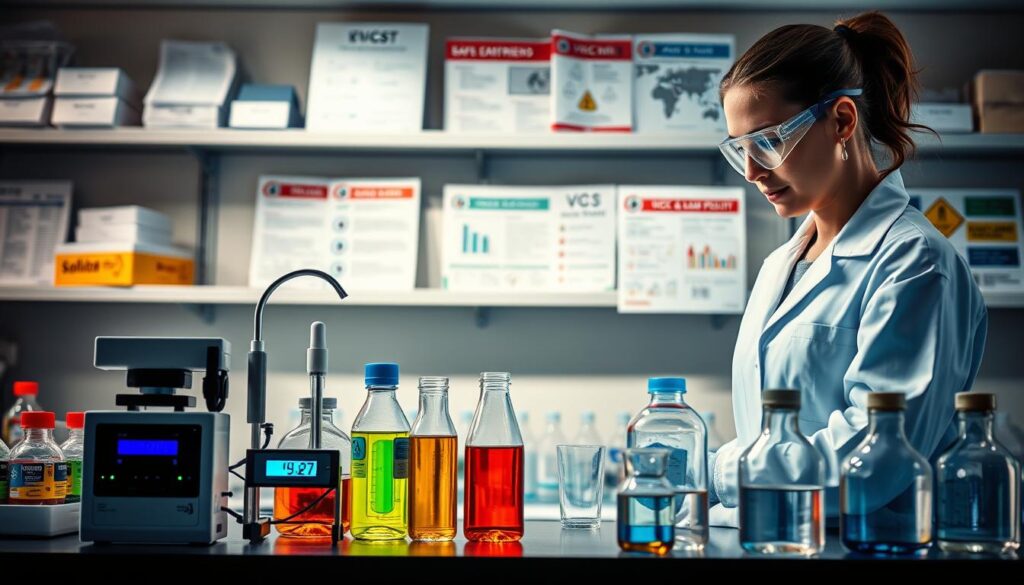 A professional laboratory setting showcasing a solvent safety flash point evaluation. In the foreground, a detailed female chemist in a lab coat, safety goggles, and gloves conducts an experiment with a thermometer and flash point apparatus. The middle ground features labeled glassware and a digital display showing temperature readings, alongside colorful solvents in clear containers. In the background, shelves filled with safety data sheets and informational posters about VOCs and aquatic toxicity create an informative atmosphere. Soft, diffused lighting illuminates the workspace, casting a slight glow on the glassware, while a bright focus on the evaluation area highlights the importance of safety in solvent use. Overall, the scene conveys a mood of professionalism, safety, and meticulous attention to detail. A professional laboratory setting showcasing a solvent safety flash point evaluation. In the foreground, a detailed female chemist in a lab coat, safety goggles, and gloves conducts an experiment with a thermometer and flash point apparatus. The middle ground features labeled glassware and a digital display showing temperature readings, alongside colorful solvents in clear containers. In the background, shelves filled with safety data sheets and informational posters about VOCs and aquatic toxicity create an informative atmosphere. Soft, diffused lighting illuminates the workspace, casting a slight glow on the glassware, while a bright focus on the evaluation area highlights the importance of safety in solvent use. Overall, the scene conveys a mood of professionalism, safety, and meticulous attention to detail.