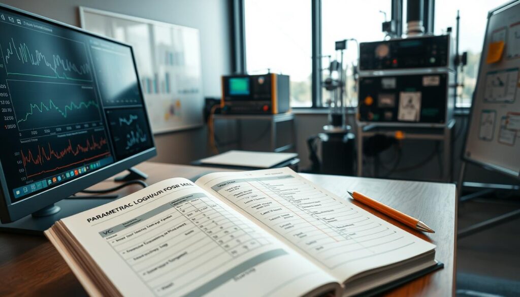 A professional office environment focused on environmental monitoring and recordkeeping. In the foreground, a sleek computer setup displays detailed graphs and data on air quality, showcasing parameters for VOC (Volatile Organic Compounds) and HAP (Hazardous Air Pollutants). In the middle ground, a parametric logbook is open, revealing complex throughput logs and control efficiency proofs, with a ruler and pen next to it for annotation. The background features a whiteboard with charts and notes, an array of CEMS (Continuous Emission Monitoring Systems) equipment configured beside a window. Bright, natural lighting filters through the glass, creating a clean and tech-savvy atmosphere, emphasizing professionalism and precision. The mood is focused and industrious, ideal for process engineers dedicated to compliance and environmental safety. A professional office environment focused on environmental monitoring and recordkeeping. In the foreground, a sleek computer setup displays detailed graphs and data on air quality, showcasing parameters for VOC (Volatile Organic Compounds) and HAP (Hazardous Air Pollutants). In the middle ground, a parametric logbook is open, revealing complex throughput logs and control efficiency proofs, with a ruler and pen next to it for annotation. The background features a whiteboard with charts and notes, an array of CEMS (Continuous Emission Monitoring Systems) equipment configured beside a window. Bright, natural lighting filters through the glass, creating a clean and tech-savvy atmosphere, emphasizing professionalism and precision. The mood is focused and industrious, ideal for process engineers dedicated to compliance and environmental safety.