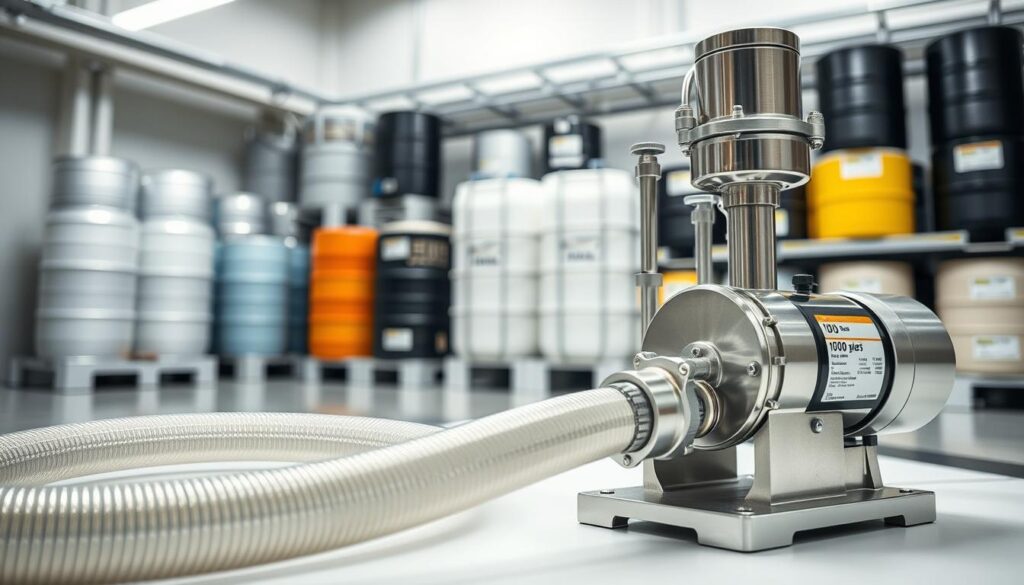 A technical display of a chemical transfer hose and pump setup, emphasizing compatibility for optimal shelf life. In the foreground, a detailed close-up of a high-quality, flexible transfer hose and a modern, stainless steel pump, showcasing clear labeling and specifications. The middle ground features an organized workspace with filtration systems, ensuring cleanliness for safe chemical transfer. In the background, various drums and IBCs (Intermediate Bulk Containers) are neatly arranged, indicating proper storage practices. Soft, bright lighting highlights the equipment, creating a professional atmosphere. The shot is taken at an eye-level angle, capturing the intricacies of the equipment while maintaining a clean and sterile feel. No text or logos are included, emphasizing the technical nature of the image. A technical display of a chemical transfer hose and pump setup, emphasizing compatibility for optimal shelf life. In the foreground, a detailed close-up of a high-quality, flexible transfer hose and a modern, stainless steel pump, showcasing clear labeling and specifications. The middle ground features an organized workspace with filtration systems, ensuring cleanliness for safe chemical transfer. In the background, various drums and IBCs (Intermediate Bulk Containers) are neatly arranged, indicating proper storage practices. Soft, bright lighting highlights the equipment, creating a professional atmosphere. The shot is taken at an eye-level angle, capturing the intricacies of the equipment while maintaining a clean and sterile feel. No text or logos are included, emphasizing the technical nature of the image.